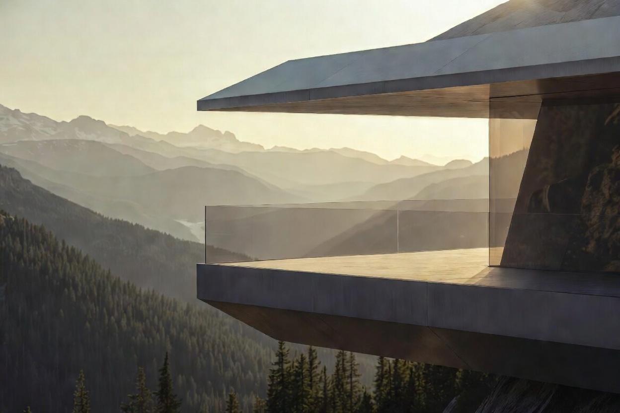 Cantilevered terrace overlooking mountain ranges