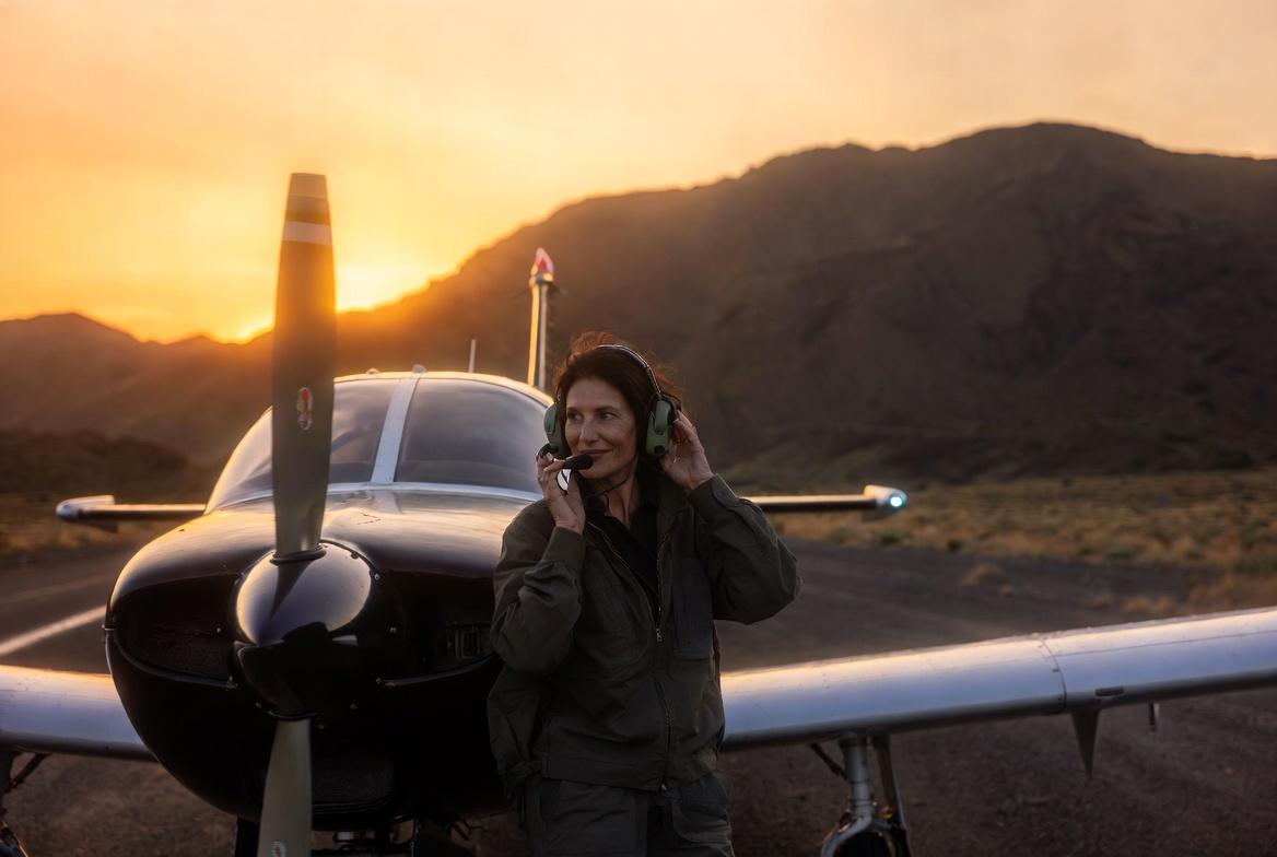 Pilot at golden hour — desert airstrip